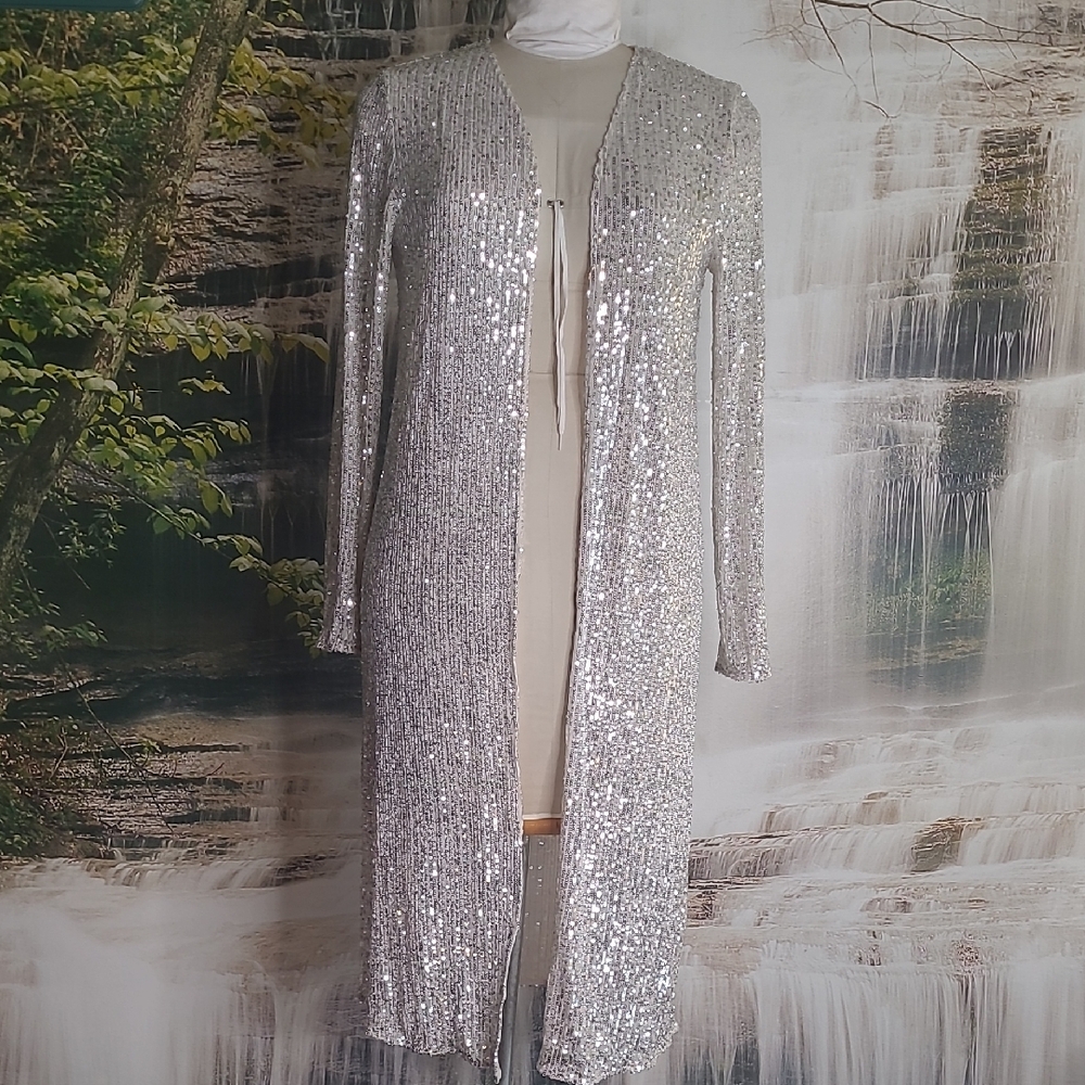 Cato Womens Large Sparkly Silver Sequin Long Sleeve  Formal Open Long Cardigan